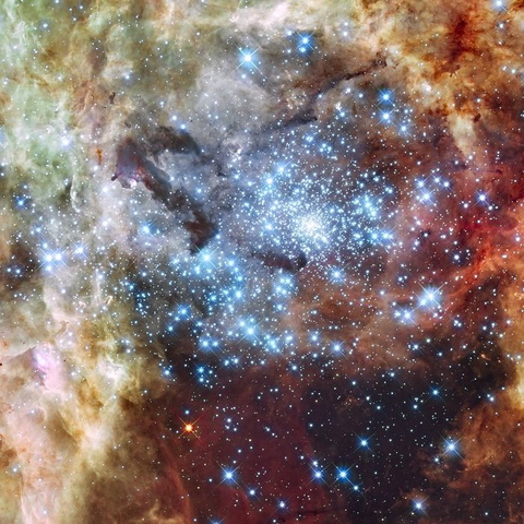 Hubble Space Telescope image of two star clusters in the 30 Doradus Nebula.