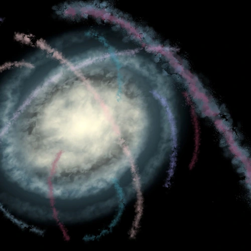 Artist’s impression of twelve stellar streams observed by S5, seen from the Galactic South Pole. (Credit: Geraint F. Lewis, S5 Collaboration.)