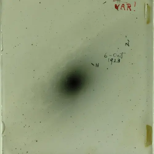 Glass side of the photographic plate H335H, created by Edwin Hubble with the Hooker 100-inch telescope of the Mount Wilson Observatory.